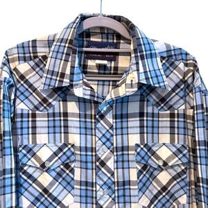 Wrangler Long Sleeve Pearl Snap Shirt Blue Black Plaid X-Long‎ Tails 16 1/2 - 33